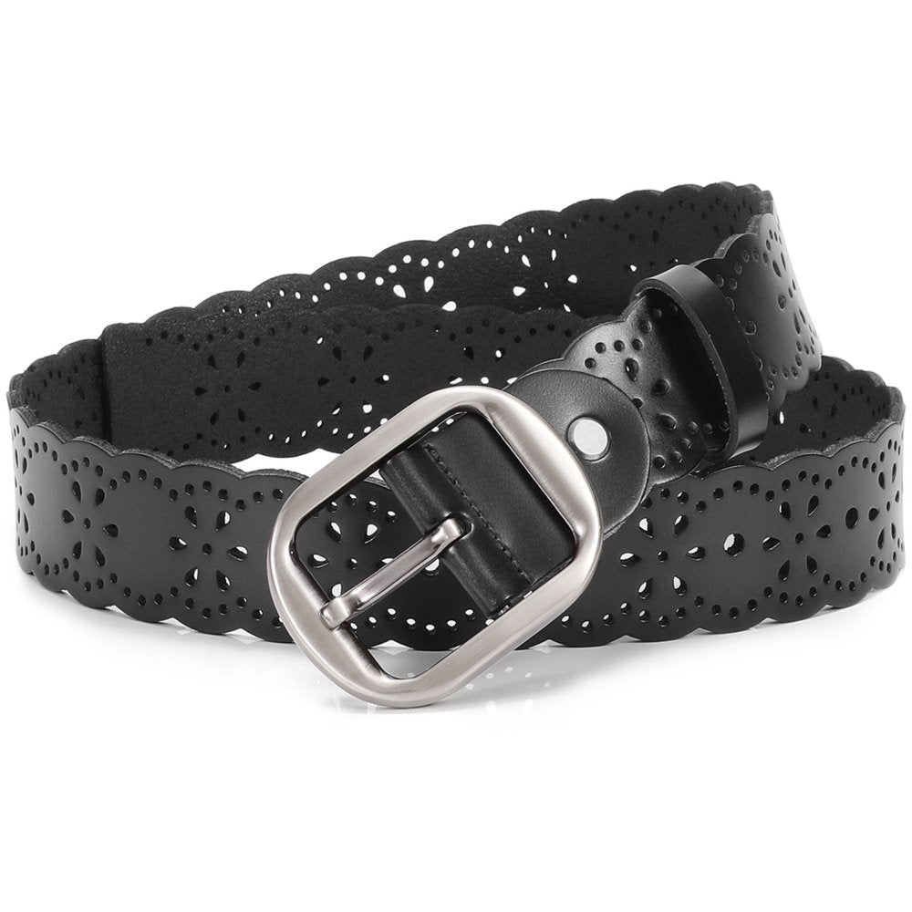 Women Leather Belts Hollow Flower Black Belt for Ladies Jeans