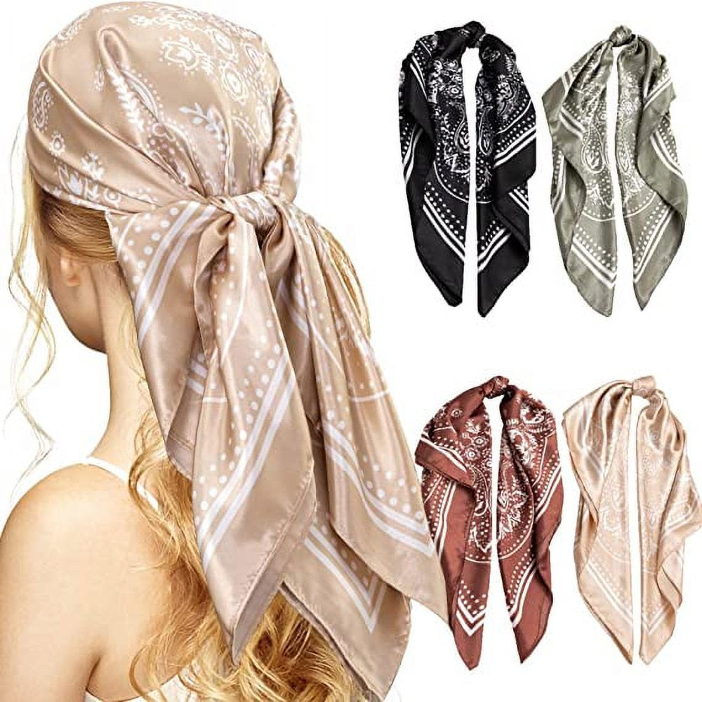 35'' Satin Head Scarf for Women, 4PCS Large Square Hair Scarf Silk Bandana Scarf for Hair Wrapping at Night